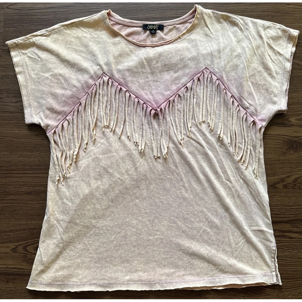 ODDY ODDI T-Shirt Womens Sz Small Tie dye tassel shark bite hem Boho Western